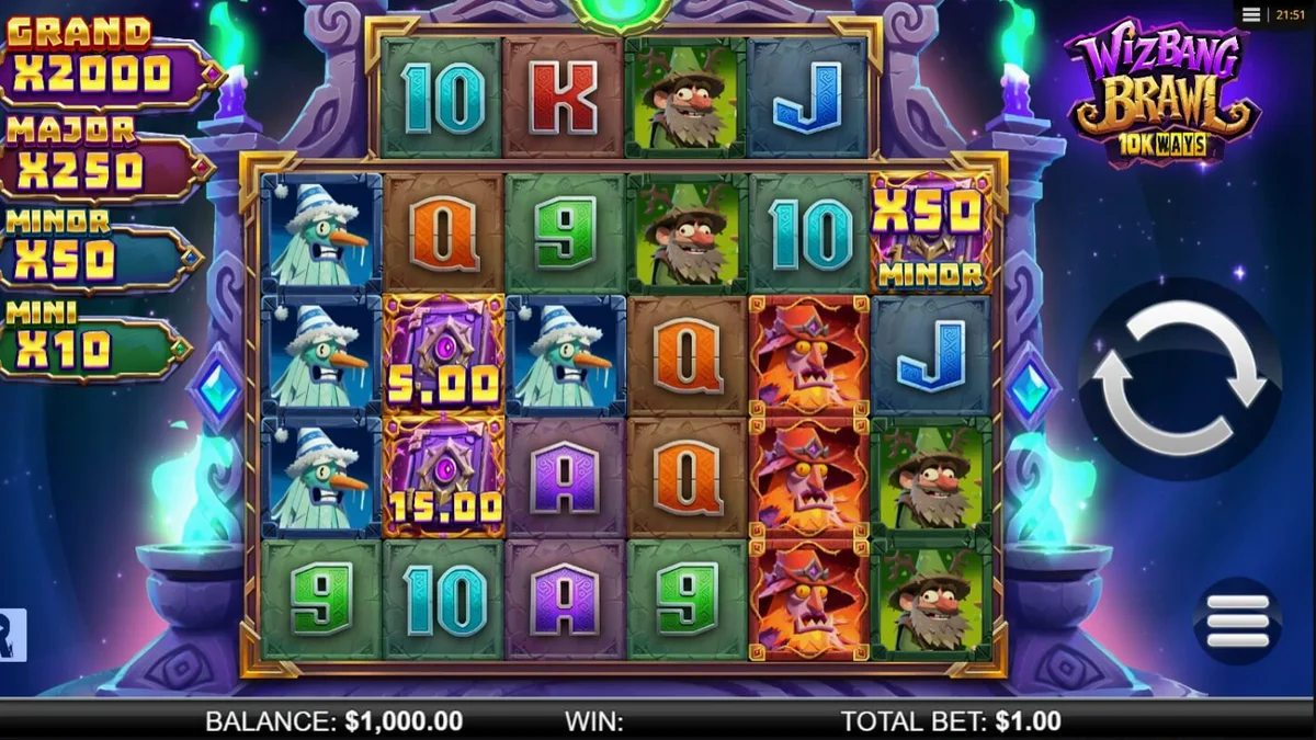 Wizbang Brawl 10K Ways slot game interface na may mga wizard at magic theme