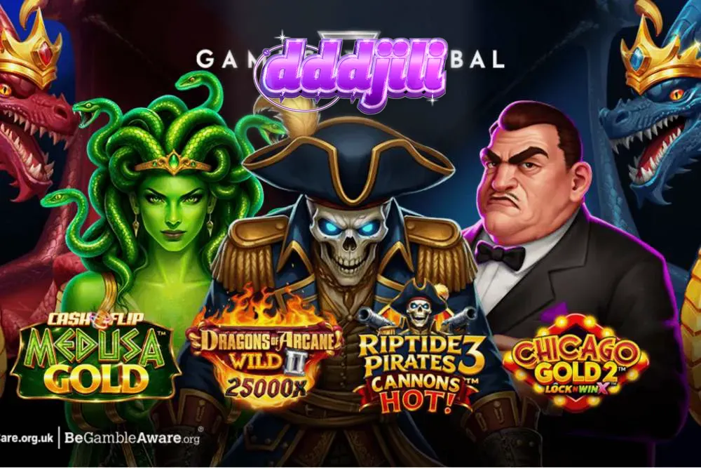 Isang masiglang representasyon ng mga makabagong slot machine na may temang pirata at mitolohiya.